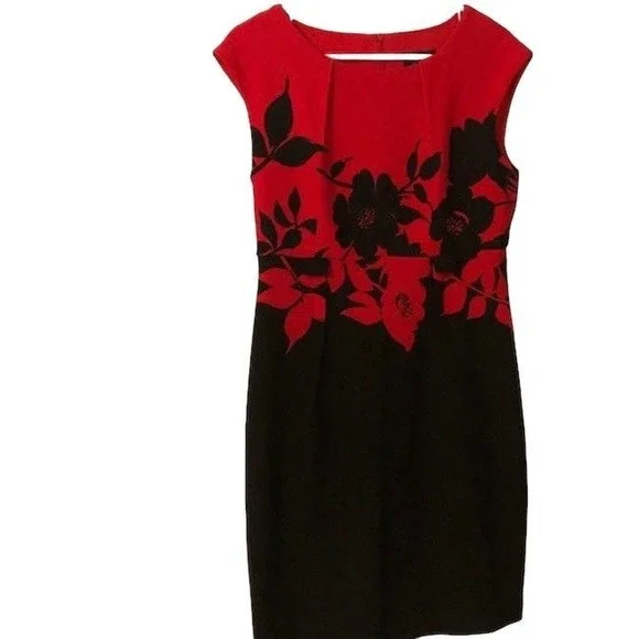 red and black knee length dress Women Skater Red Floral Print Knee Length Black Dress